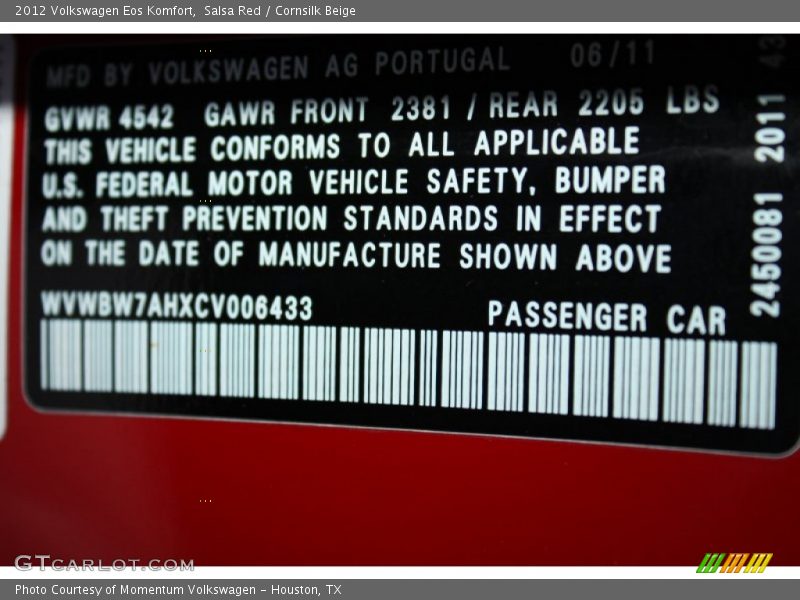 Salsa Red / Cornsilk Beige 2012 Volkswagen Eos Komfort