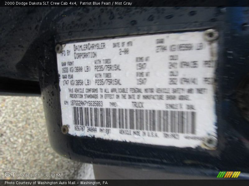 2000 Dakota SLT Crew Cab 4x4 Patriot Blue Pearl Color Code PBT