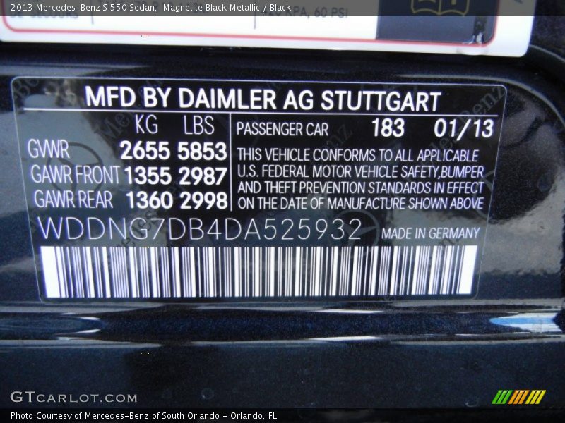 2013 S 550 Sedan Magnetite Black Metallic Color Code 183