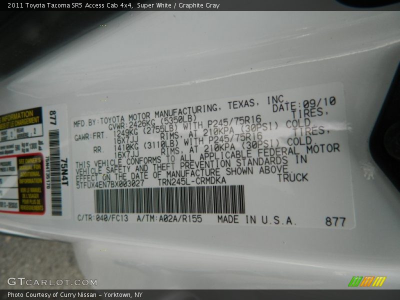 Super White / Graphite Gray 2011 Toyota Tacoma SR5 Access Cab 4x4