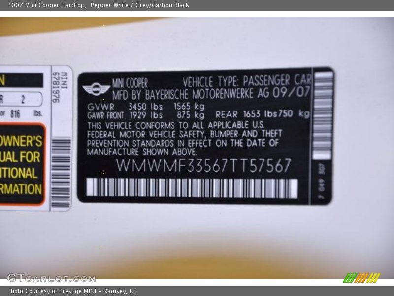 Pepper White / Grey/Carbon Black 2007 Mini Cooper Hardtop