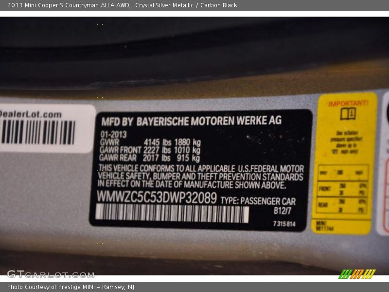 2013 Cooper S Countryman ALL4 AWD Crystal Silver Metallic Color Code B12