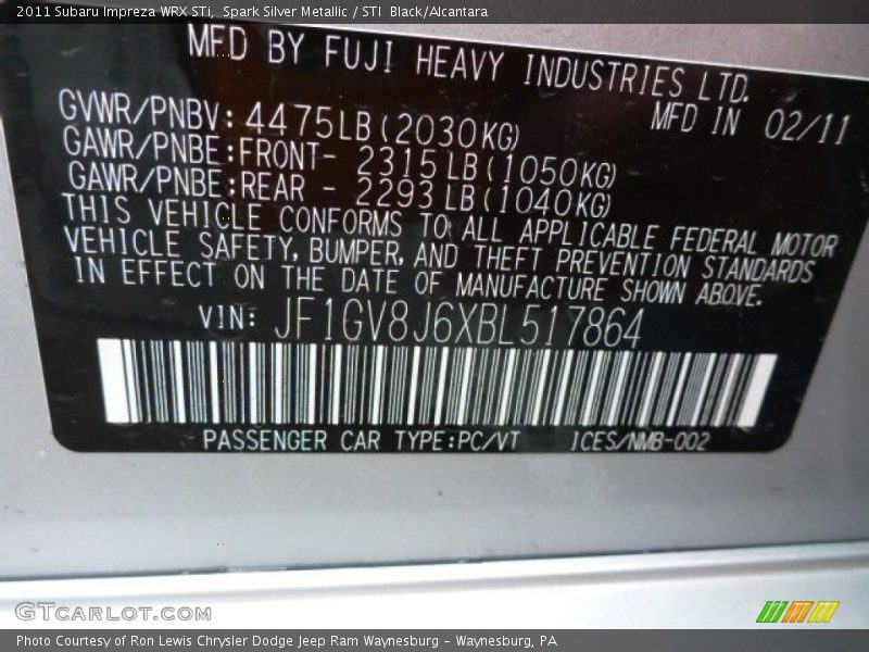 Spark Silver Metallic / STI  Black/Alcantara 2011 Subaru Impreza WRX STi