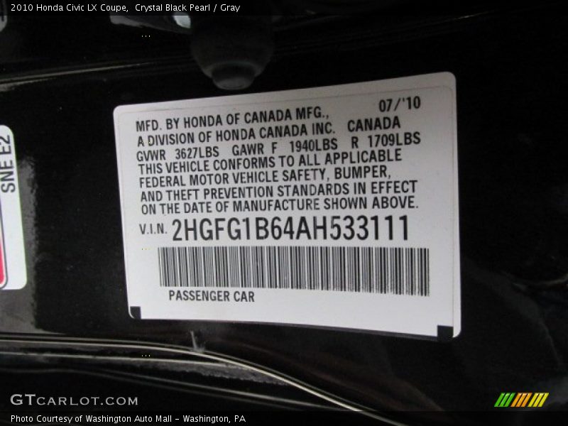 Crystal Black Pearl / Gray 2010 Honda Civic LX Coupe