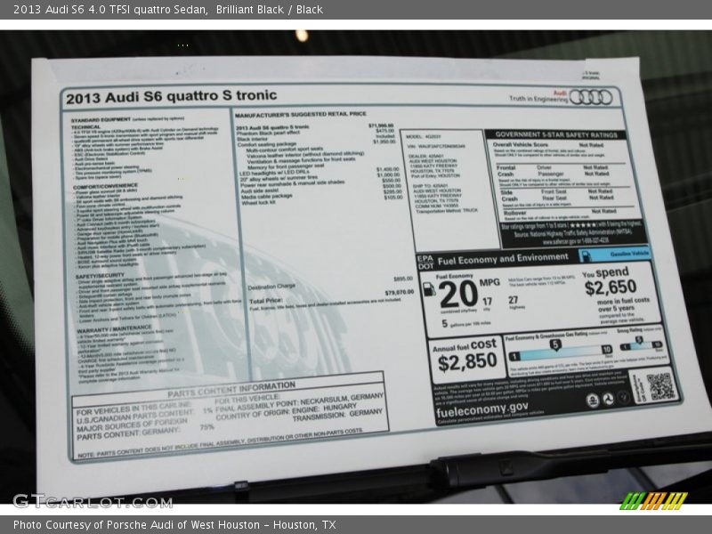  2013 S6 4.0 TFSI quattro Sedan Window Sticker