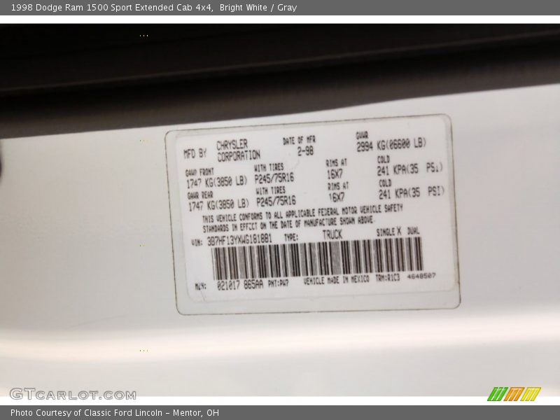 Bright White / Gray 1998 Dodge Ram 1500 Sport Extended Cab 4x4