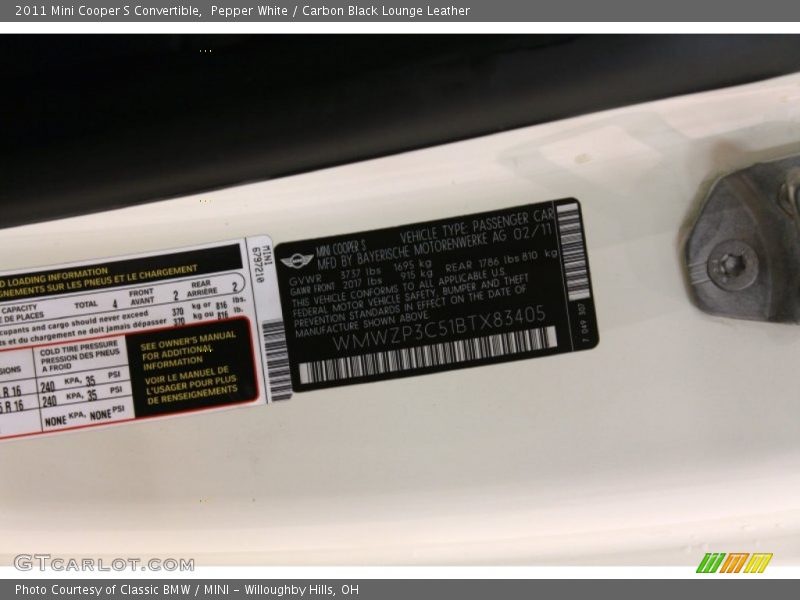Pepper White / Carbon Black Lounge Leather 2011 Mini Cooper S Convertible