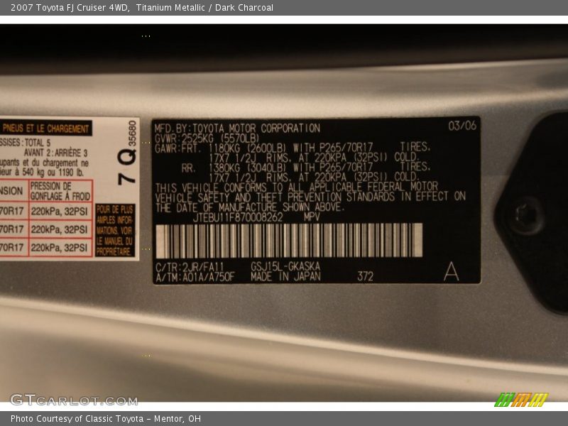 2007 FJ Cruiser 4WD Titanium Metallic Color Code 2JR