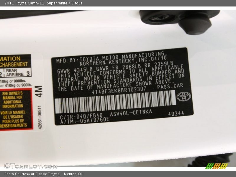 2011 Camry LE Super White Color Code 040