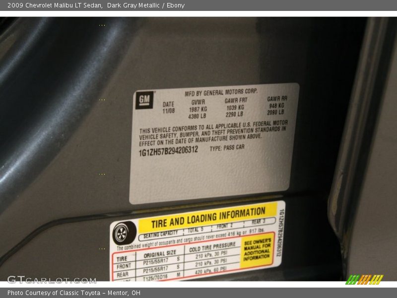 Info Tag of 2009 Malibu LT Sedan