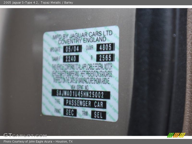 2005 S-Type 4.2 Topaz Metallic Color Code SEC