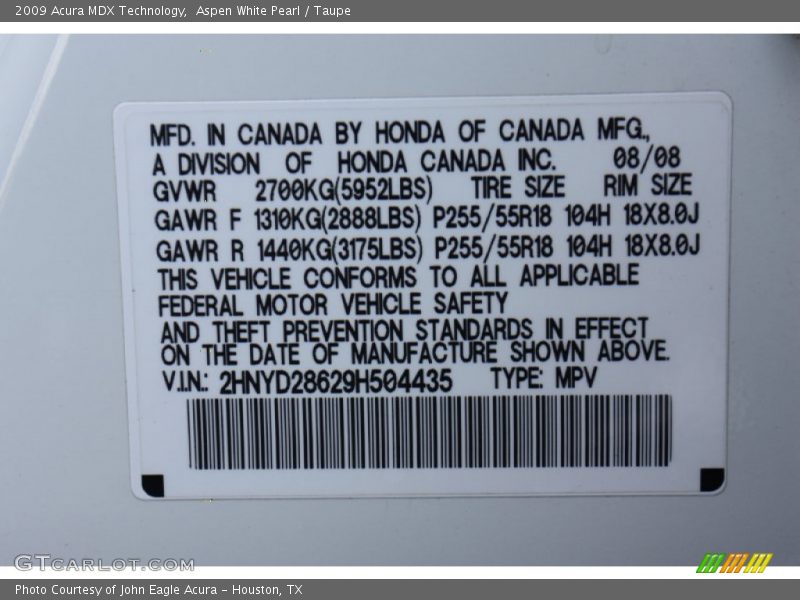 Aspen White Pearl / Taupe 2009 Acura MDX Technology