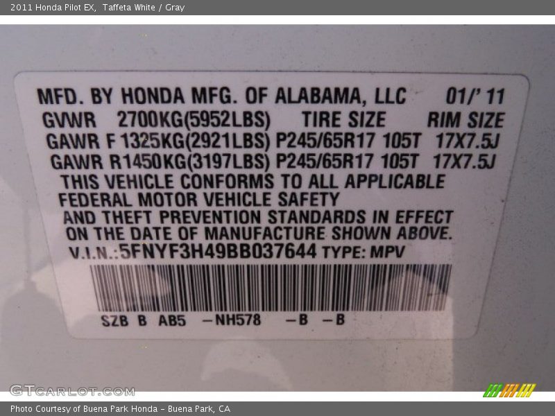 Taffeta White / Gray 2011 Honda Pilot EX