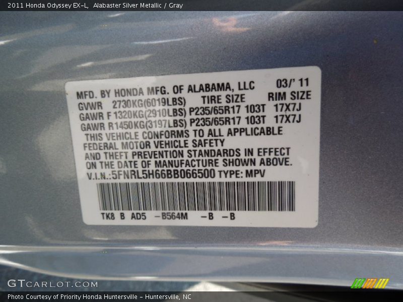 Alabaster Silver Metallic / Gray 2011 Honda Odyssey EX-L