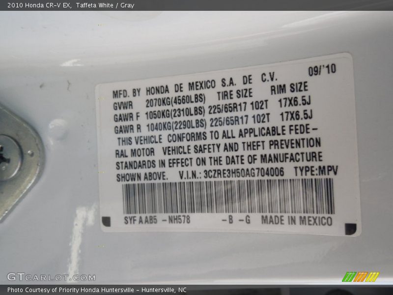 Taffeta White / Gray 2010 Honda CR-V EX