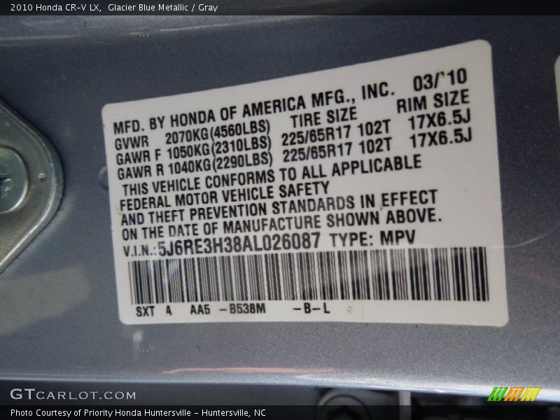 Glacier Blue Metallic / Gray 2010 Honda CR-V LX