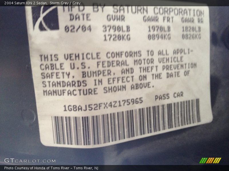 Info Tag of 2004 ION 2 Sedan