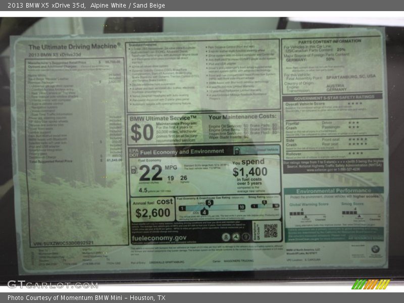  2013 X5 xDrive 35d Window Sticker