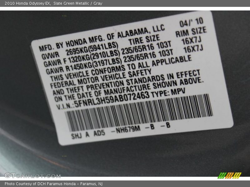 2010 Odyssey EX Slate Green Metallic Color Code NH679M