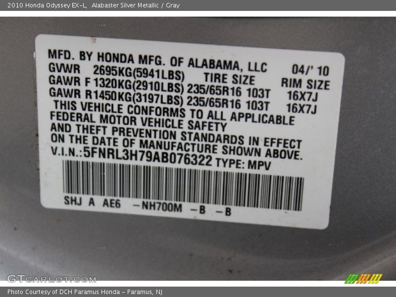 Alabaster Silver Metallic / Gray 2010 Honda Odyssey EX-L