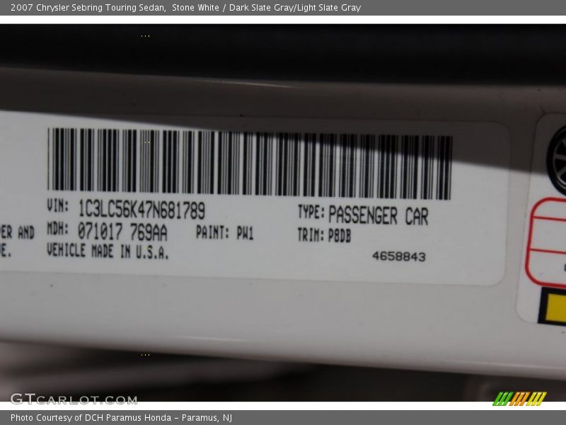 Stone White / Dark Slate Gray/Light Slate Gray 2007 Chrysler Sebring Touring Sedan