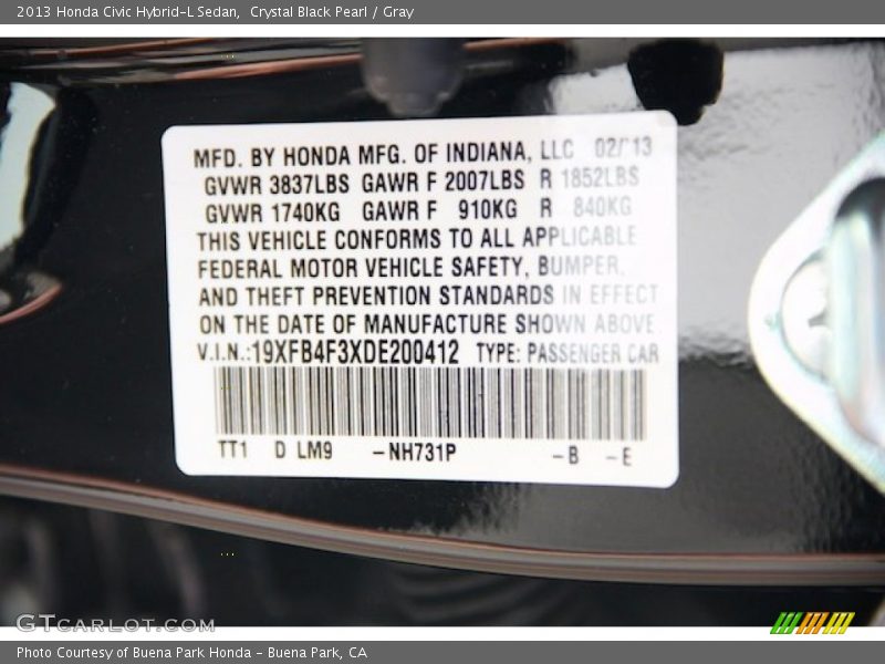 2013 Civic Hybrid-L Sedan Crystal Black Pearl Color Code NH731P