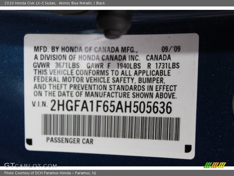 Atomic Blue Metallic / Black 2010 Honda Civic LX-S Sedan