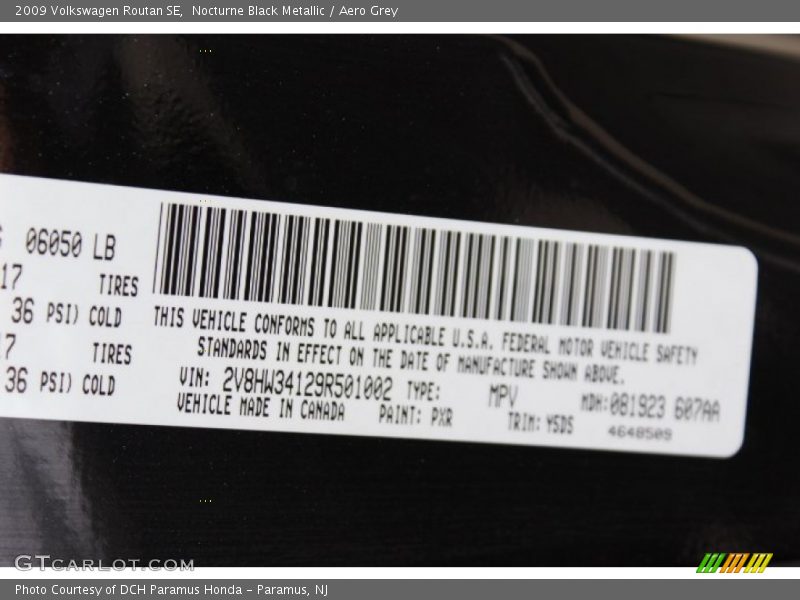 2009 Routan SE Nocturne Black Metallic Color Code PXR