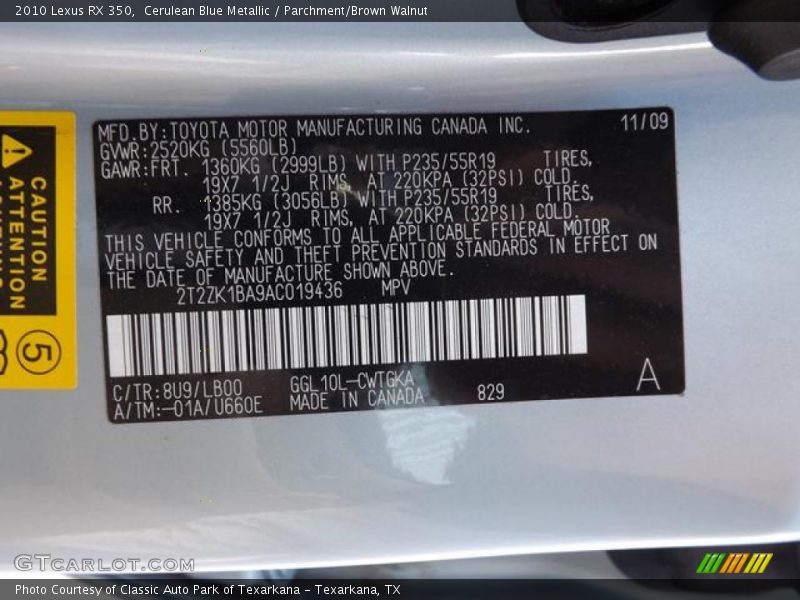 Cerulean Blue Metallic / Parchment/Brown Walnut 2010 Lexus RX 350