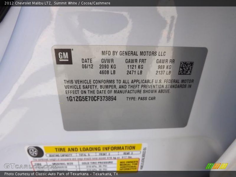 Summit White / Cocoa/Cashmere 2012 Chevrolet Malibu LTZ