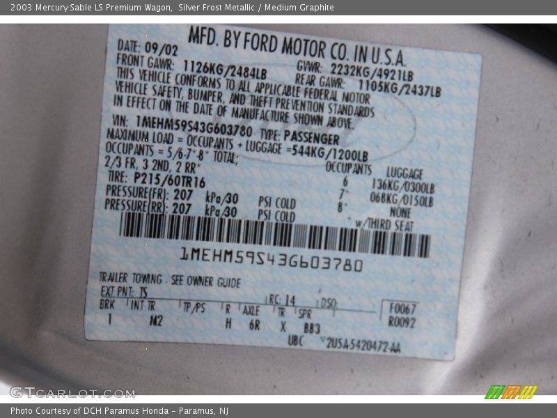 2003 Sable LS Premium Wagon Silver Frost Metallic Color Code TS
