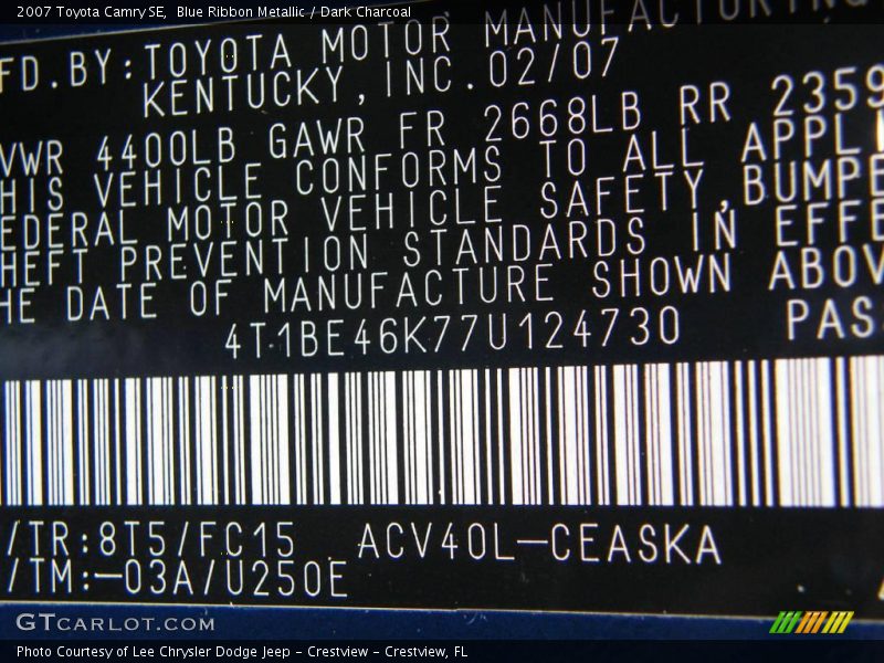 Blue Ribbon Metallic / Dark Charcoal 2007 Toyota Camry SE