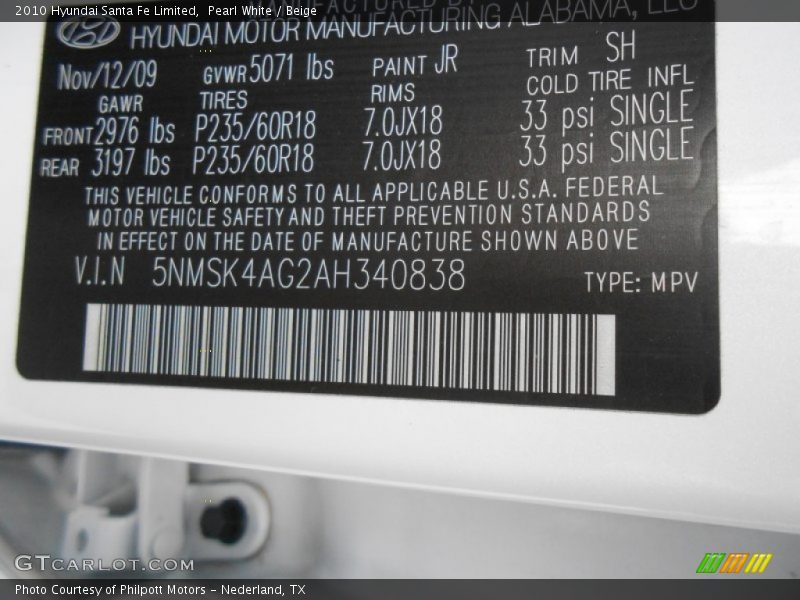 Pearl White / Beige 2010 Hyundai Santa Fe Limited
