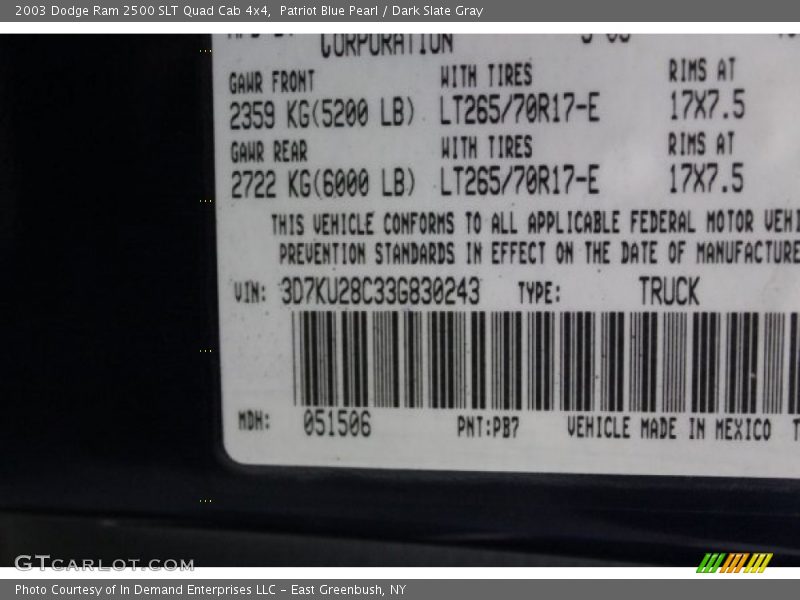 Patriot Blue Pearl / Dark Slate Gray 2003 Dodge Ram 2500 SLT Quad Cab 4x4