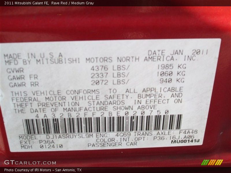 Rave Red / Medium Gray 2011 Mitsubishi Galant FE