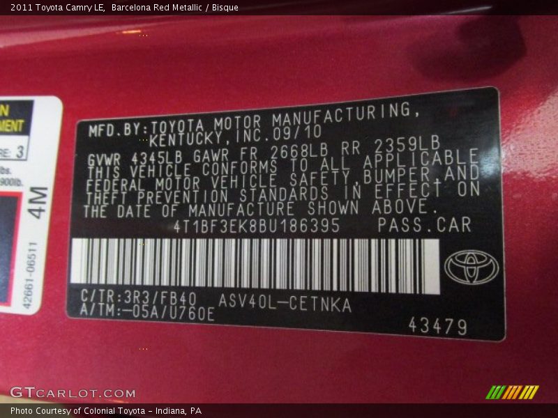 Barcelona Red Metallic / Bisque 2011 Toyota Camry LE