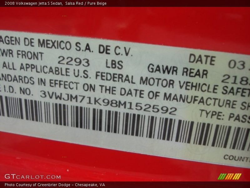 Salsa Red / Pure Beige 2008 Volkswagen Jetta S Sedan
