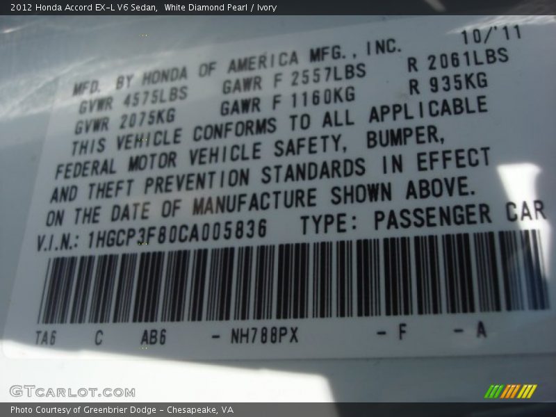 White Diamond Pearl / Ivory 2012 Honda Accord EX-L V6 Sedan