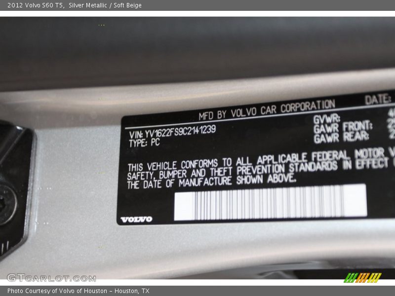 Silver Metallic / Soft Beige 2012 Volvo S60 T5