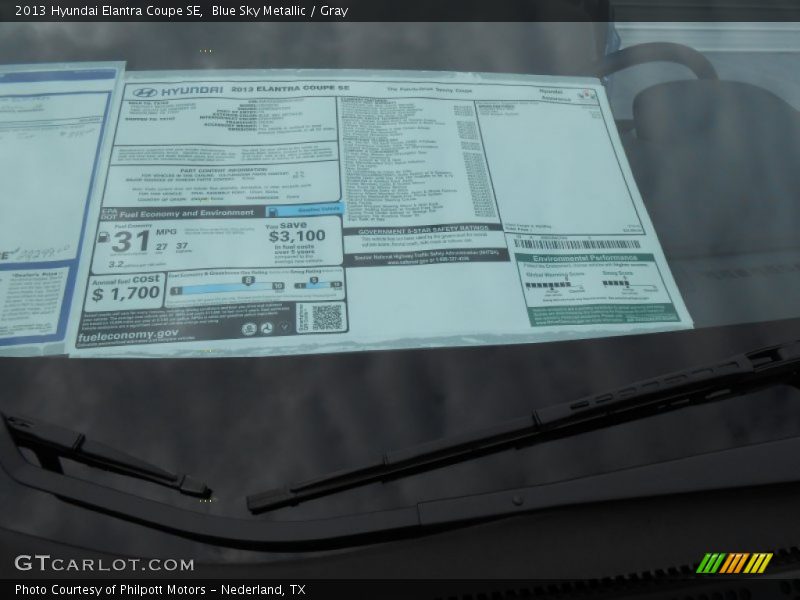 Blue Sky Metallic / Gray 2013 Hyundai Elantra Coupe SE