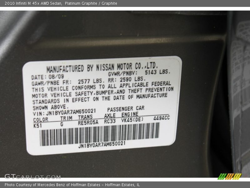 2010 M 45x AWD Sedan Platinum Graphite Color Code K51
