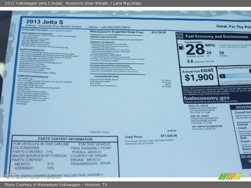  2013 Jetta S Sedan Window Sticker