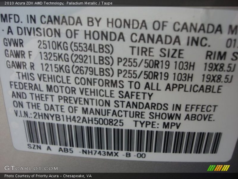 Palladium Metallic / Taupe 2010 Acura ZDX AWD Technology