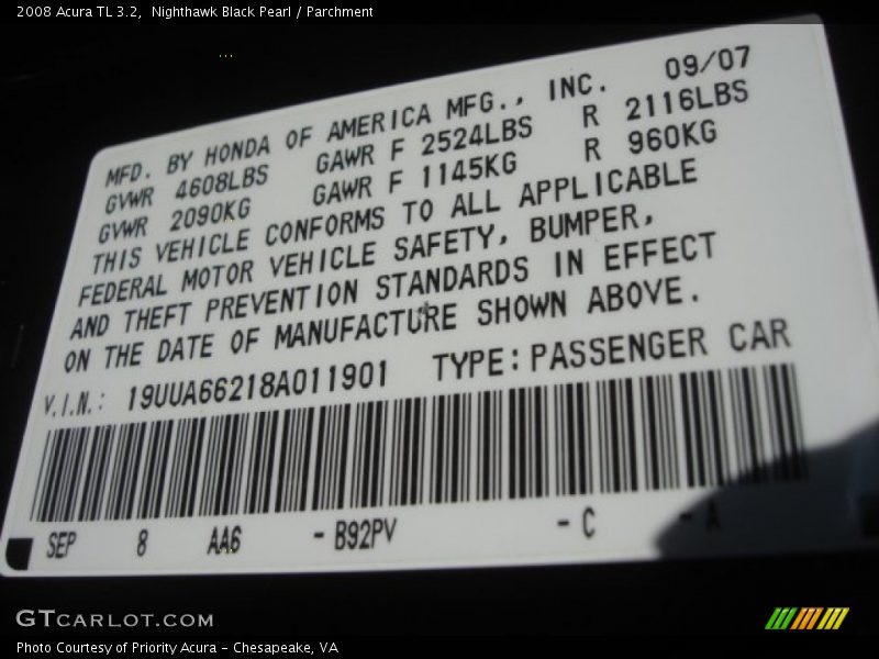Nighthawk Black Pearl / Parchment 2008 Acura TL 3.2