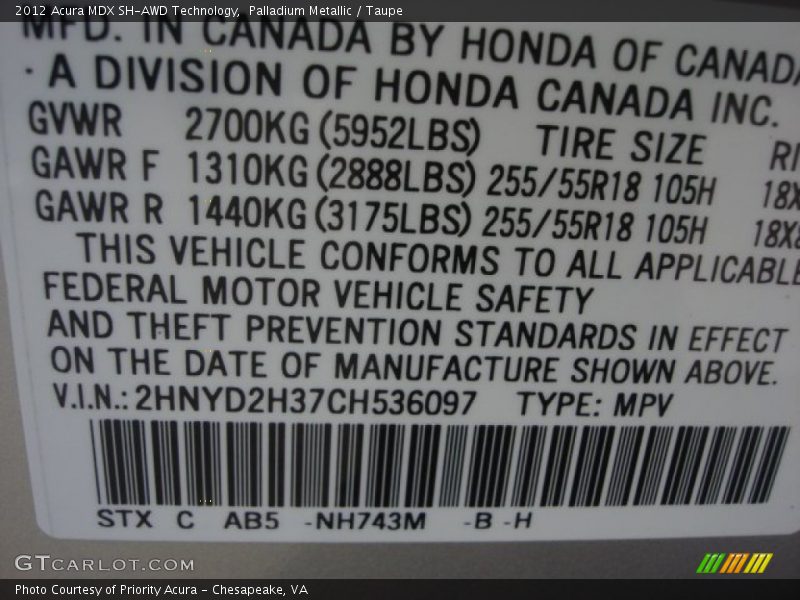 Palladium Metallic / Taupe 2012 Acura MDX SH-AWD Technology
