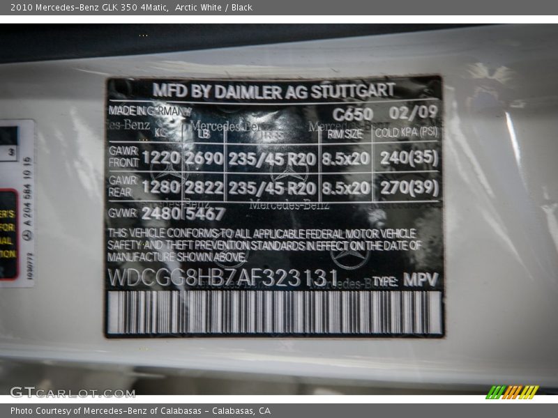 2010 GLK 350 4Matic Arctic White Color Code 650