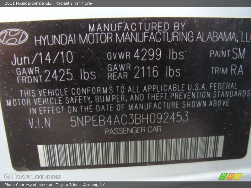 Radiant Silver / Gray 2011 Hyundai Sonata GLS