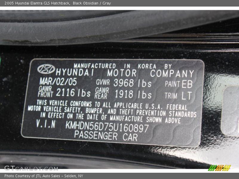 2005 Elantra GLS Hatchback Black Obsidian Color Code EB