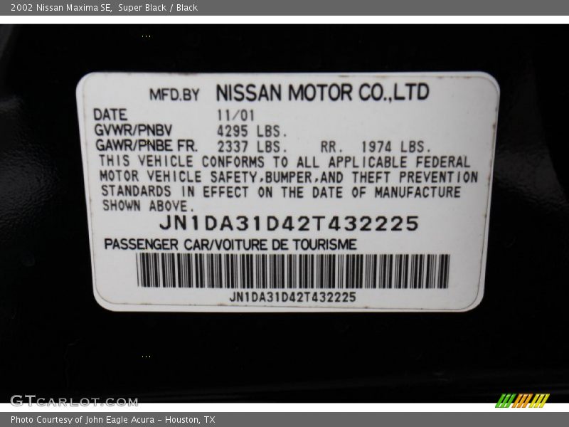 Super Black / Black 2002 Nissan Maxima SE