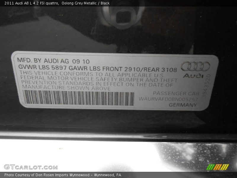 Info Tag of 2011 A8 L 4.2 FSI quattro